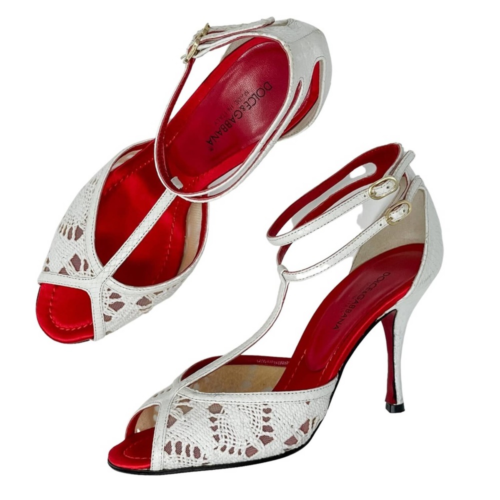 Dolce & Gabbana Snakeskin Leather & Crochet Lace Ankle T Strap Heels 37 /US6.5-7